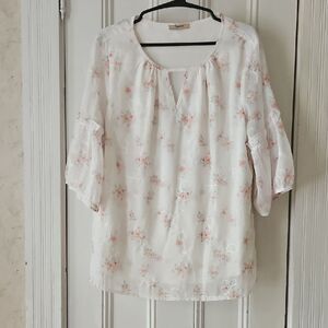 White Pink Floral 3/4 Ruffle Bell Sleeve Keyhole Neck Relaxed Blouse XL